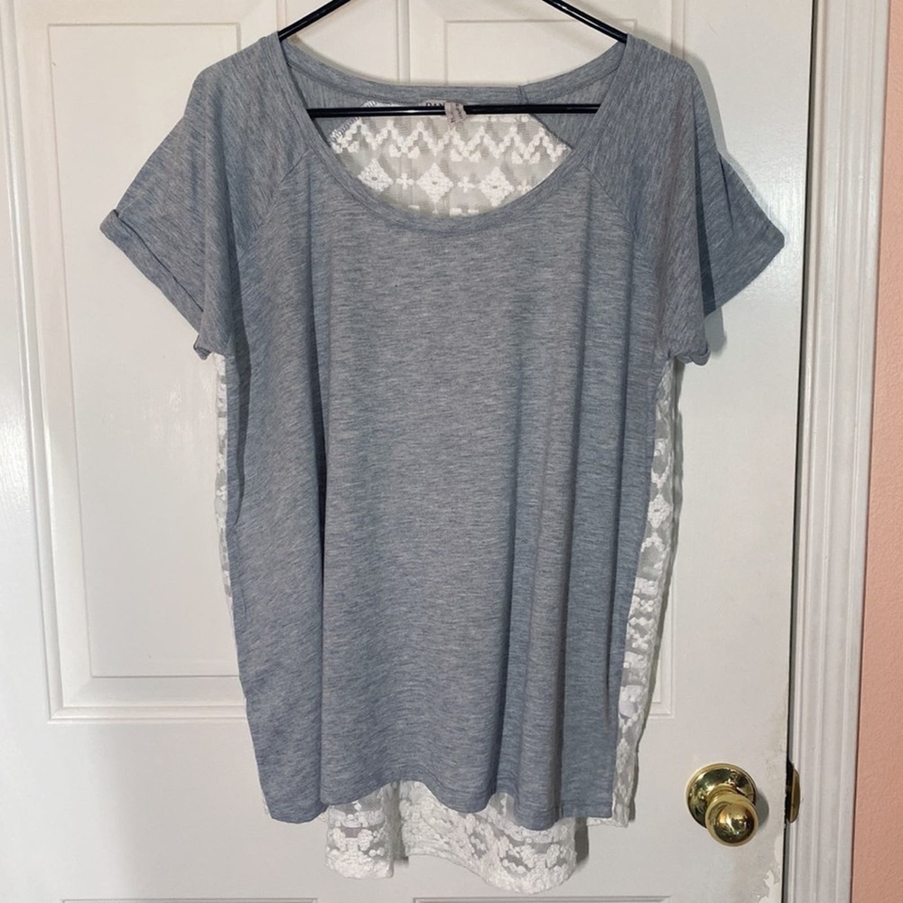 Dantelle Gray and White Scoop Neck Top with See Through Lace Back Design | 2X